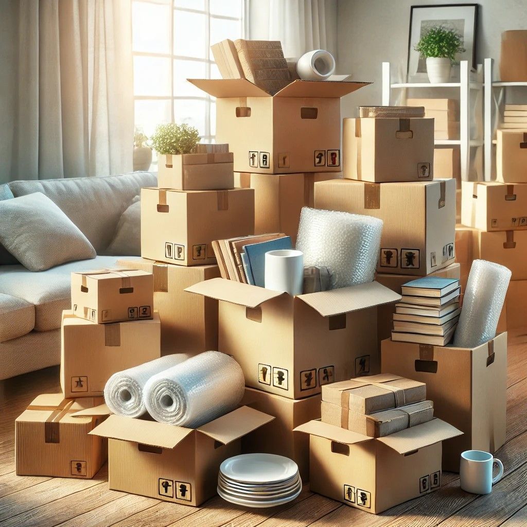 Neatly stacked moving boxes in a cozy living room with bubble wrap and packed items in natural light