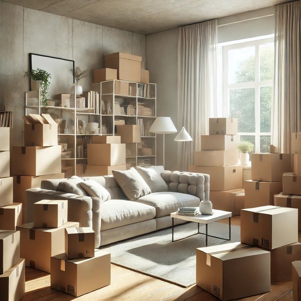 Cluttered living room with moving boxes, some packed and others open, in a modern interior space.
