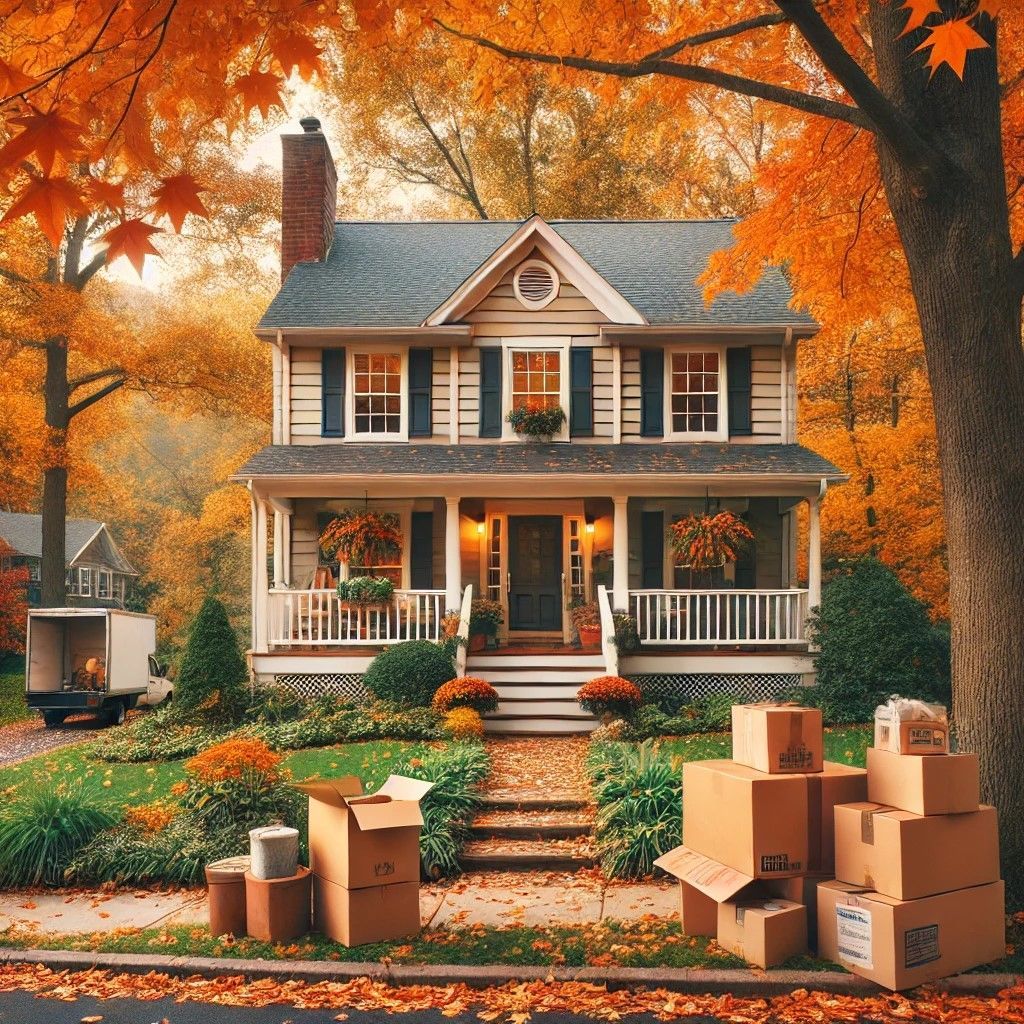 Suburban home in Montgomery County, PA, during fall move with moving boxes and autumn leaves.