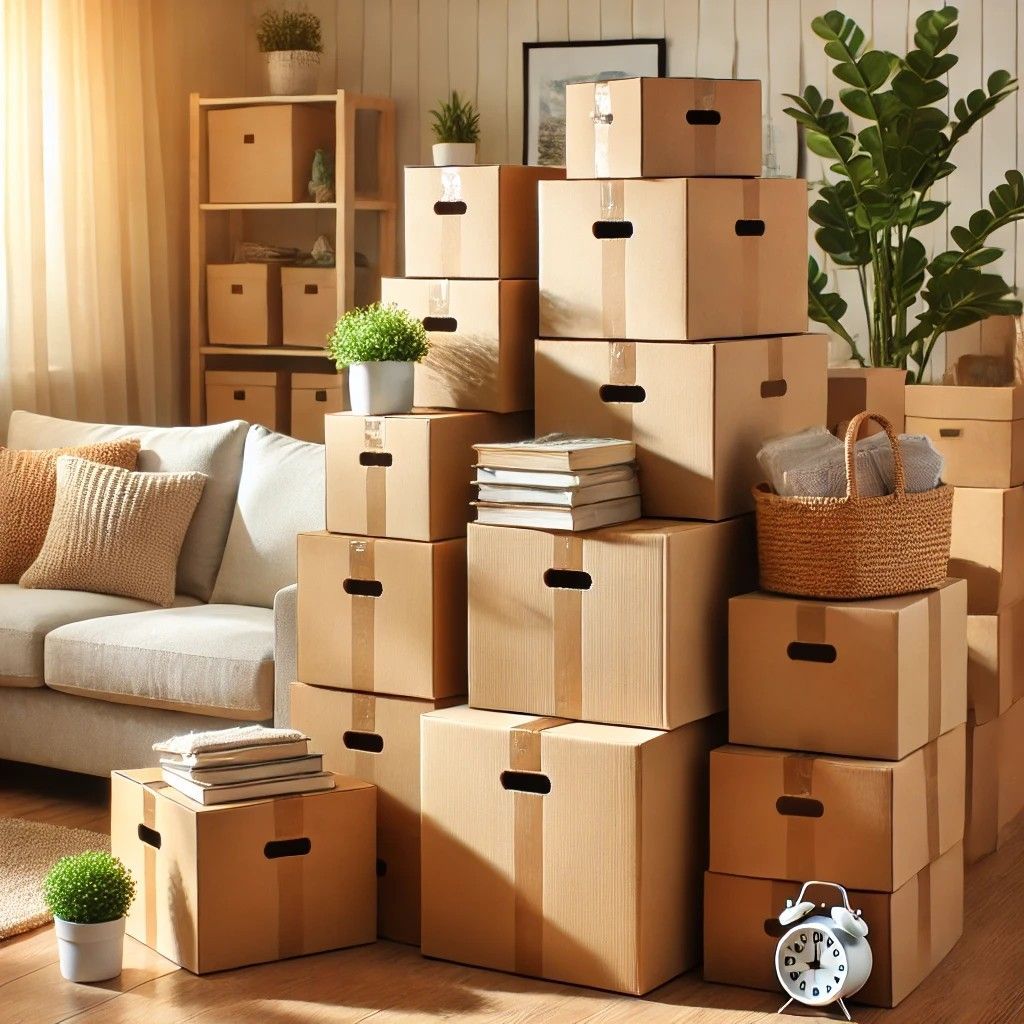 Stacked moving boxes in a bright living room with a cozy couch and plants nearby.