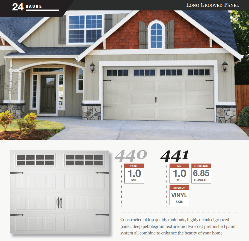 A picture of a house with a garage door that says 440 441