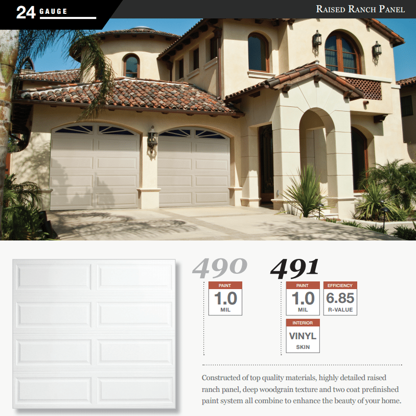 A white garage door is sitting in front of a large house.