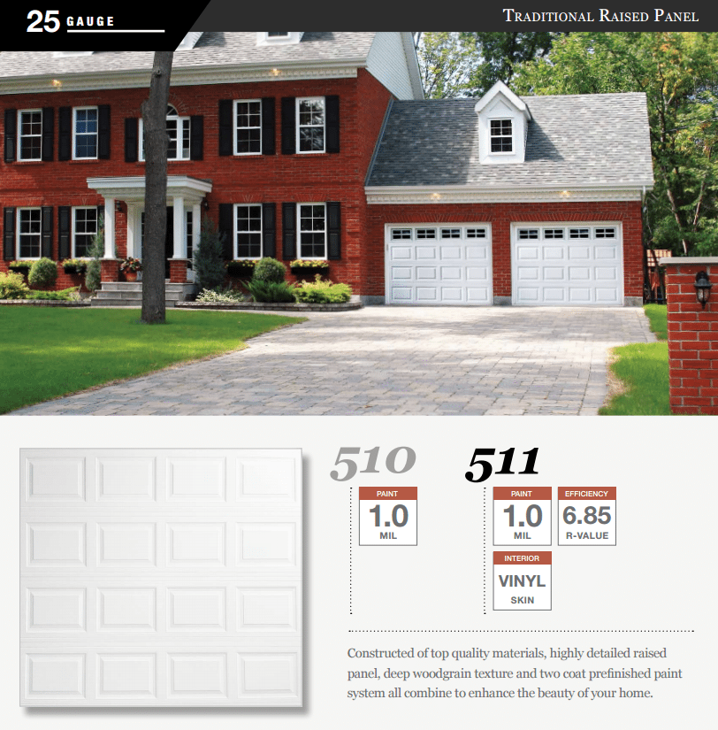 A picture of a red brick house with white garage doors