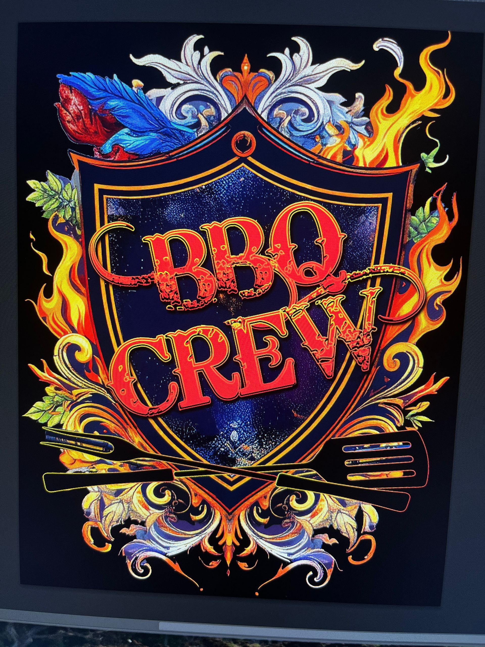 BBQ Crew logo in red and gold on a shield-shaped emblem with flames, decorative flourishes, and crossed cutlery.