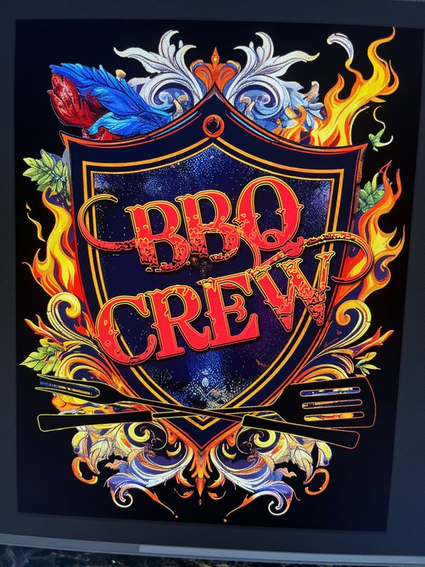 BBQ Crew logo in red and gold on a shield-shaped emblem with flames, decorative flourishes, and crossed cutlery.