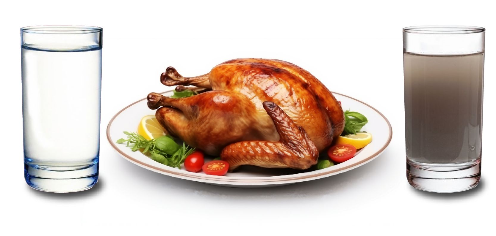 Image of a turkey with clean and dirty water glasses