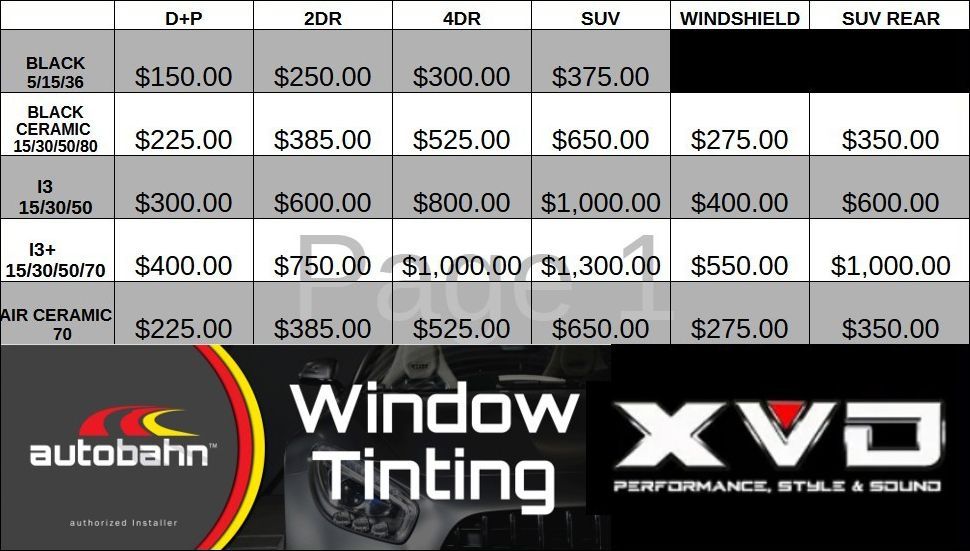 Autobahn window tint pricing table