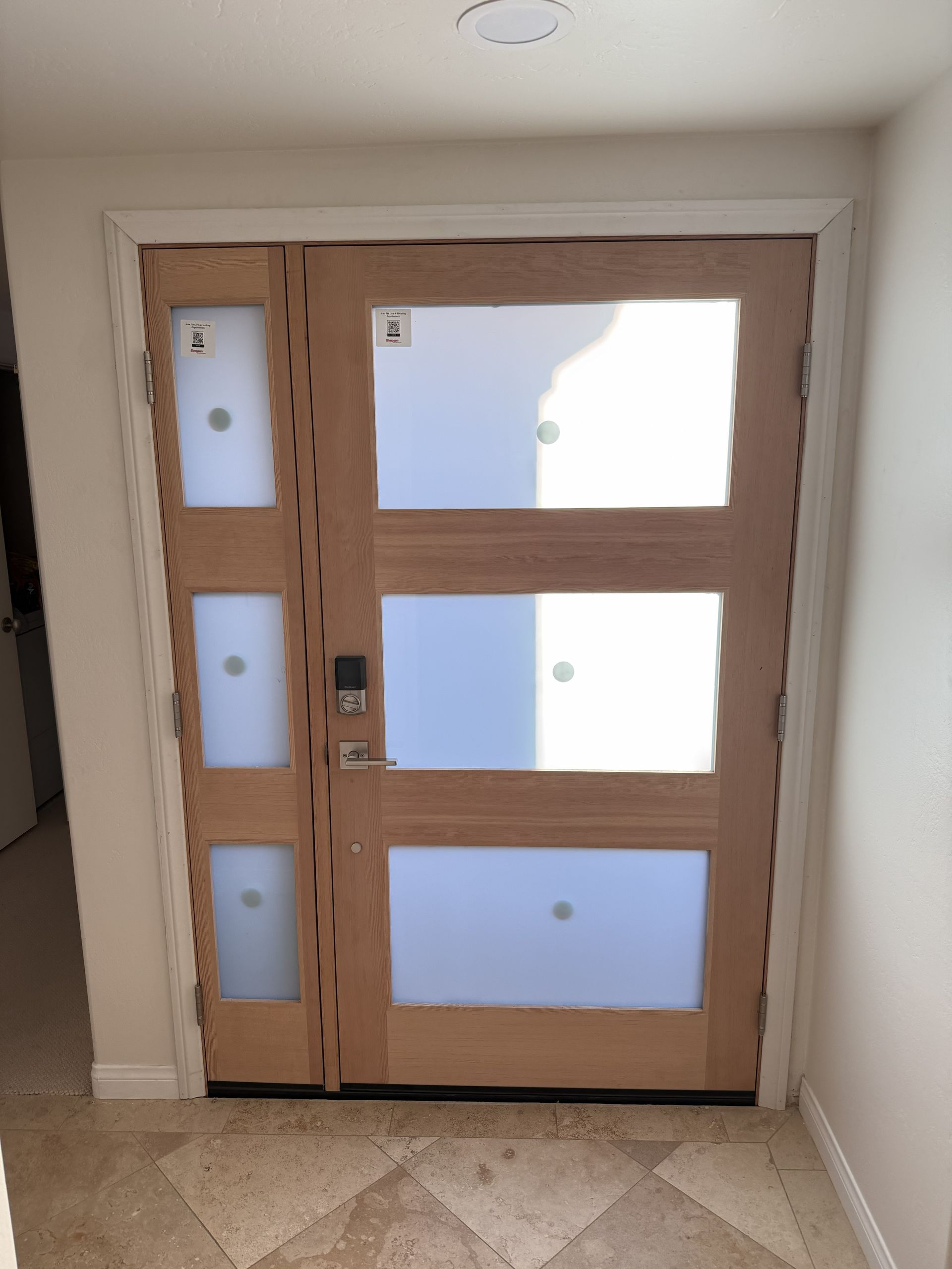 Modern front door with frosted glass panels in a hallway