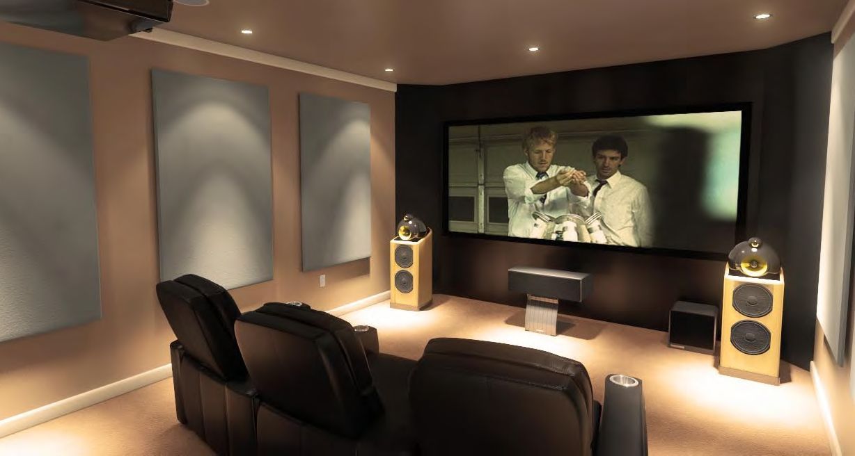 Home theater with large screen, speakers, recliners, and acoustic panels. Movie playing.