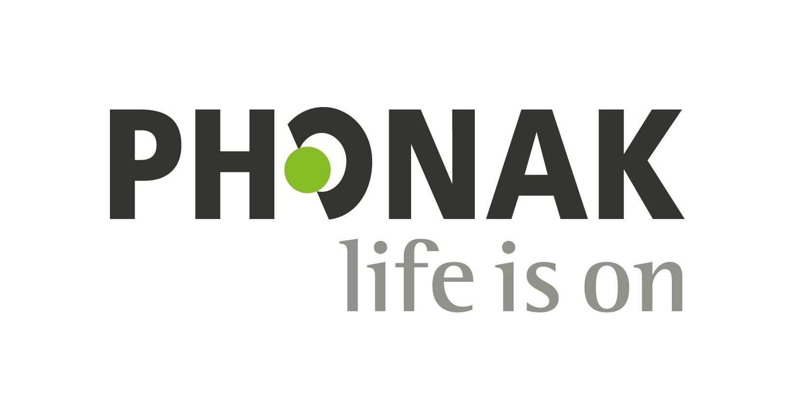 The phonak life is on logo is black and green on a white background.