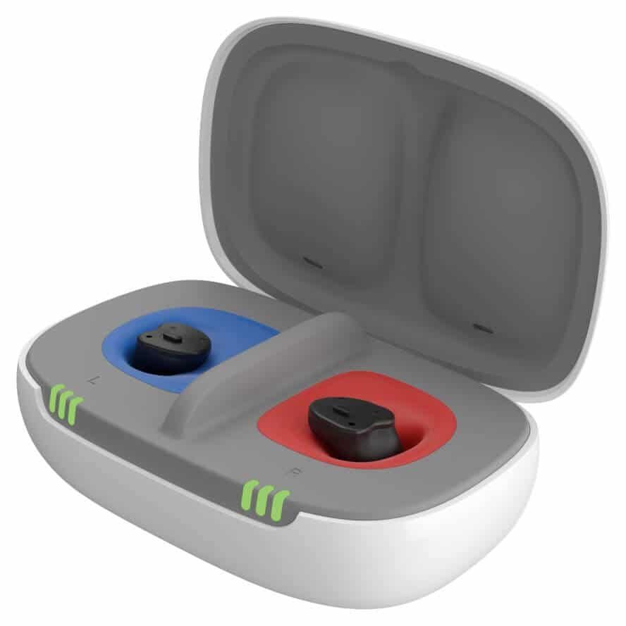 A pair of hearing aids in a charging case