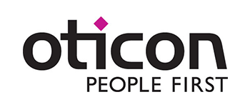 The logo for oticon people first is black and pink.