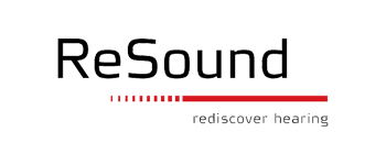 The resound logo is black and red and says rediscover hearing.
