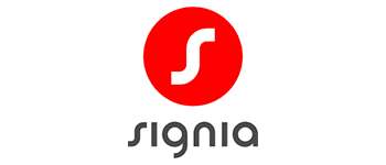 The signia logo is a red circle with a white letter s inside of it.