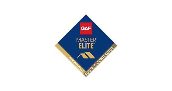 GAF Master Elite residential roofing contractor badge. Blue, gold, and white.