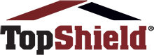 Logo of the brand TopShield, with a roof graphic in maroon and black, and the brand name in black and maroon.
