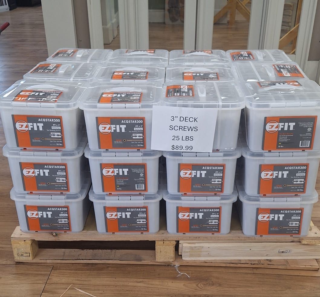 A pallet of ezfit containers stacked on top of each other