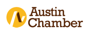 A logo for the austin chamber with a yellow circle