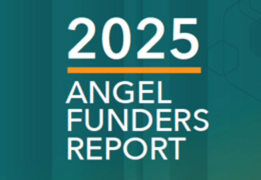 2025 Angel Funders Report in white text on a teal and green background, with an orange line above