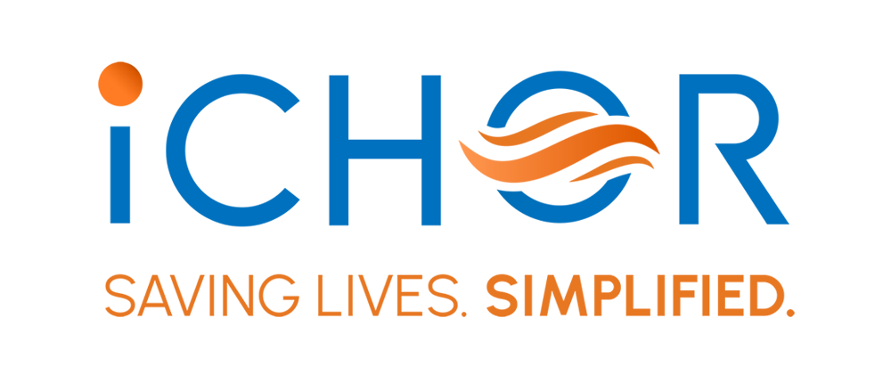 The logo for ichor is blue and orange and says saving lives simplified.