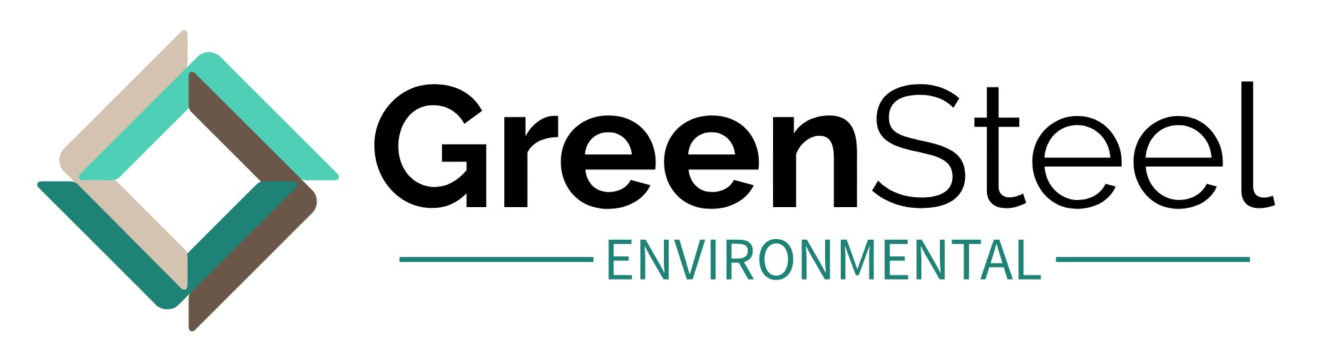 Logo of GreenSteel Environmental. Teal and gray abstract geometric shape with black text. Underneath it is