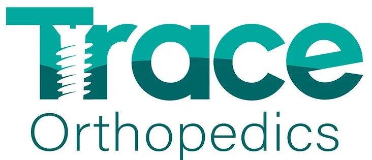 The logo for trace orthopedics is blue and white.