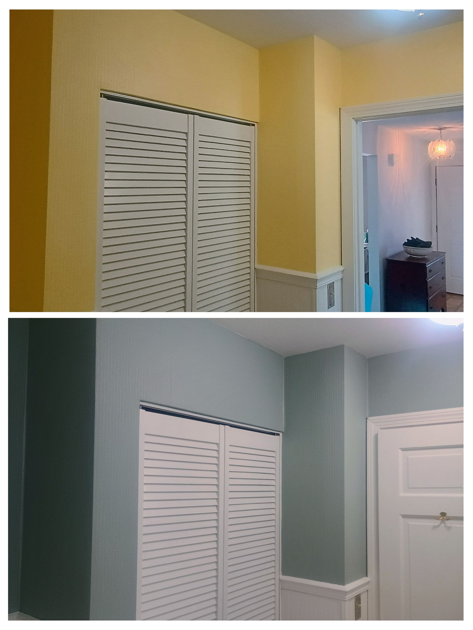 Top: Room with yellow walls, white closet doors. Bottom: Room with blue-green walls, white door.