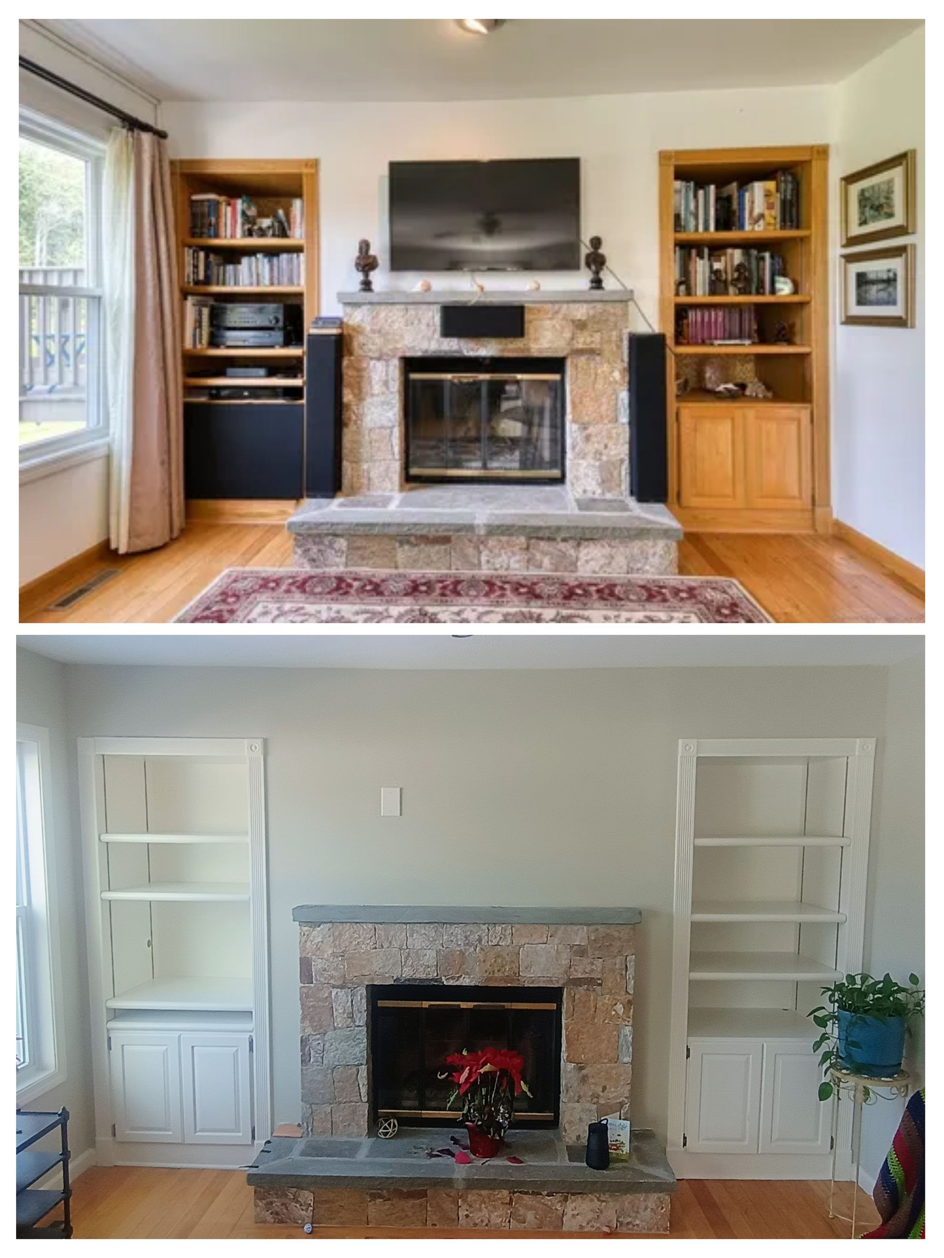 Two images: Fireplace with stone surround, flanked by bookshelves, before and after renovation.