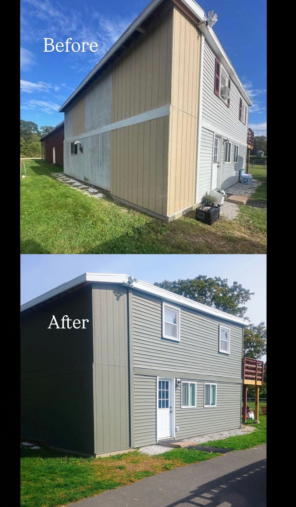 Two-story building exterior before and after painting. Top shows tan siding, bottom shows gray siding.