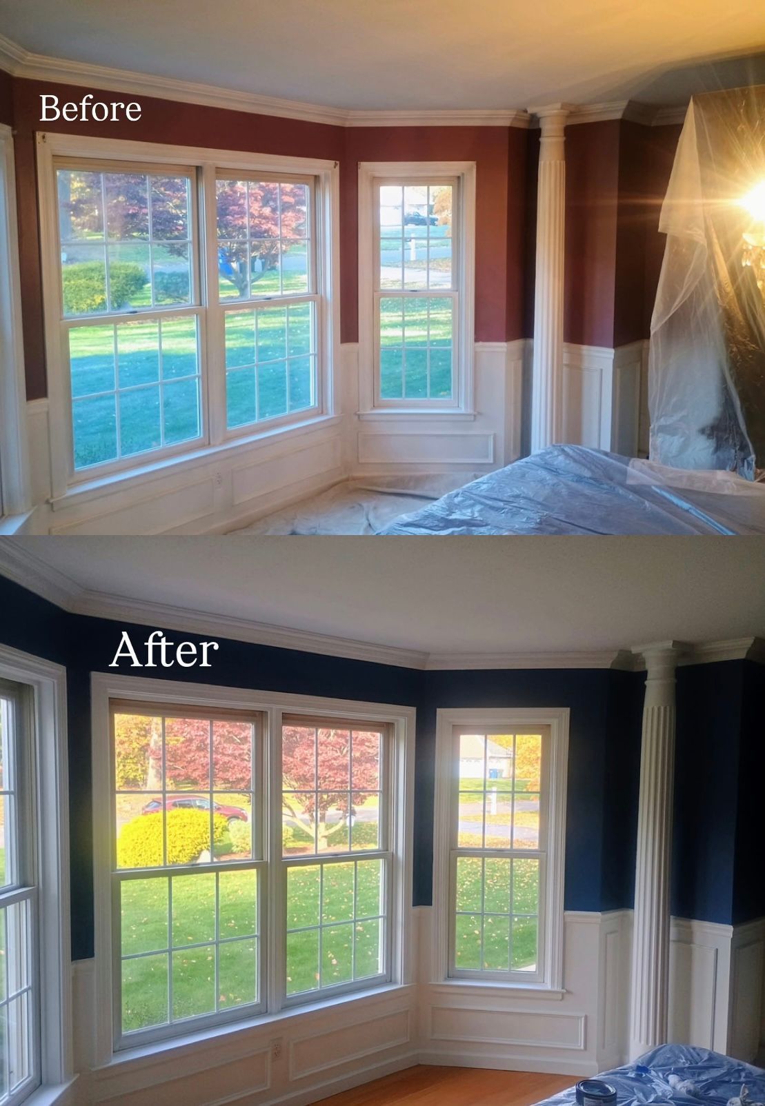 Before-and-after of a room with bay windows. Red/white walls are replaced with blue/white. Windows show outdoor scenery.