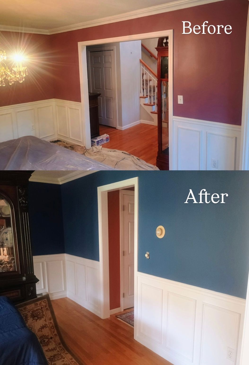 Comparison: Room before (burgundy walls) and after (blue walls) renovation. White wainscoting and trim in both.