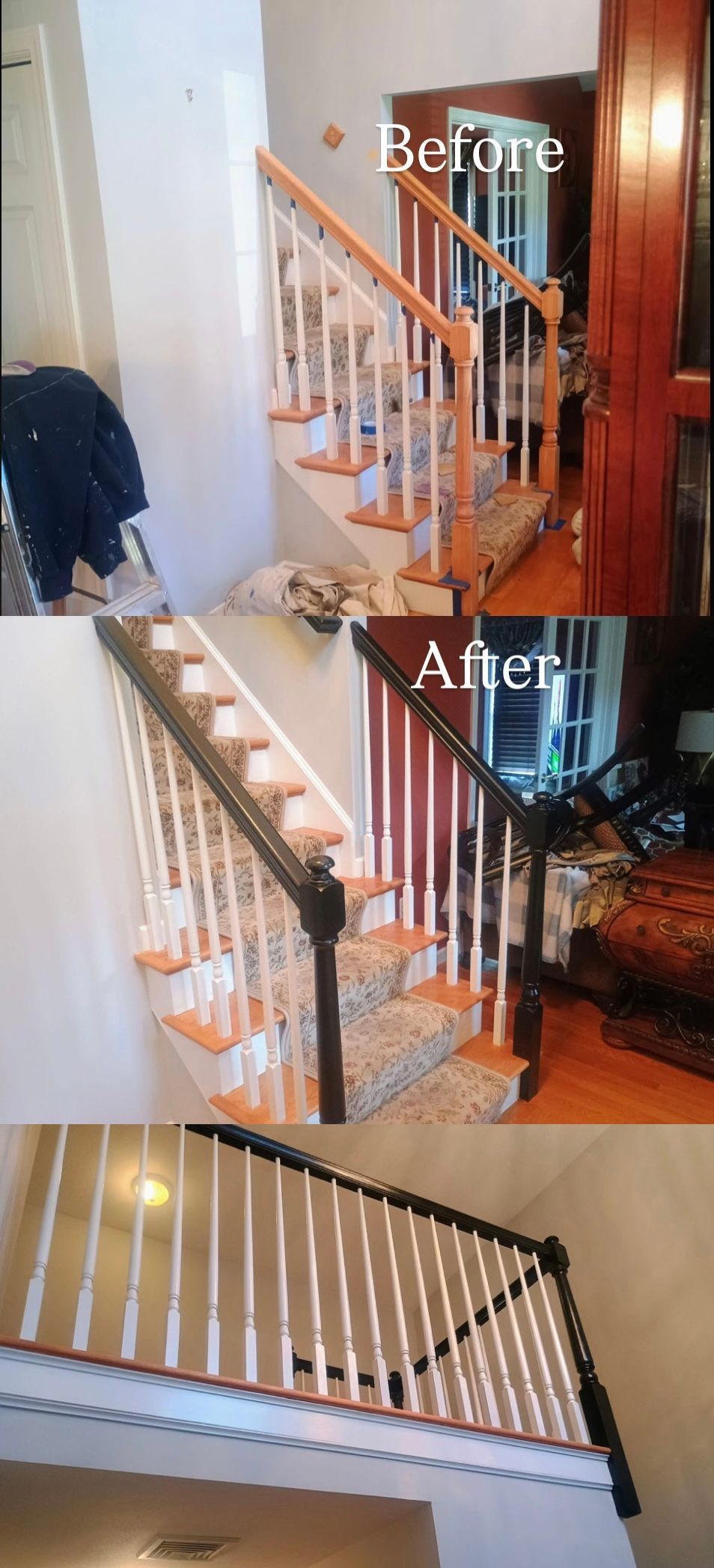 Before and after view of a staircase renovation. The wood railings are painted black, and the balusters are white.