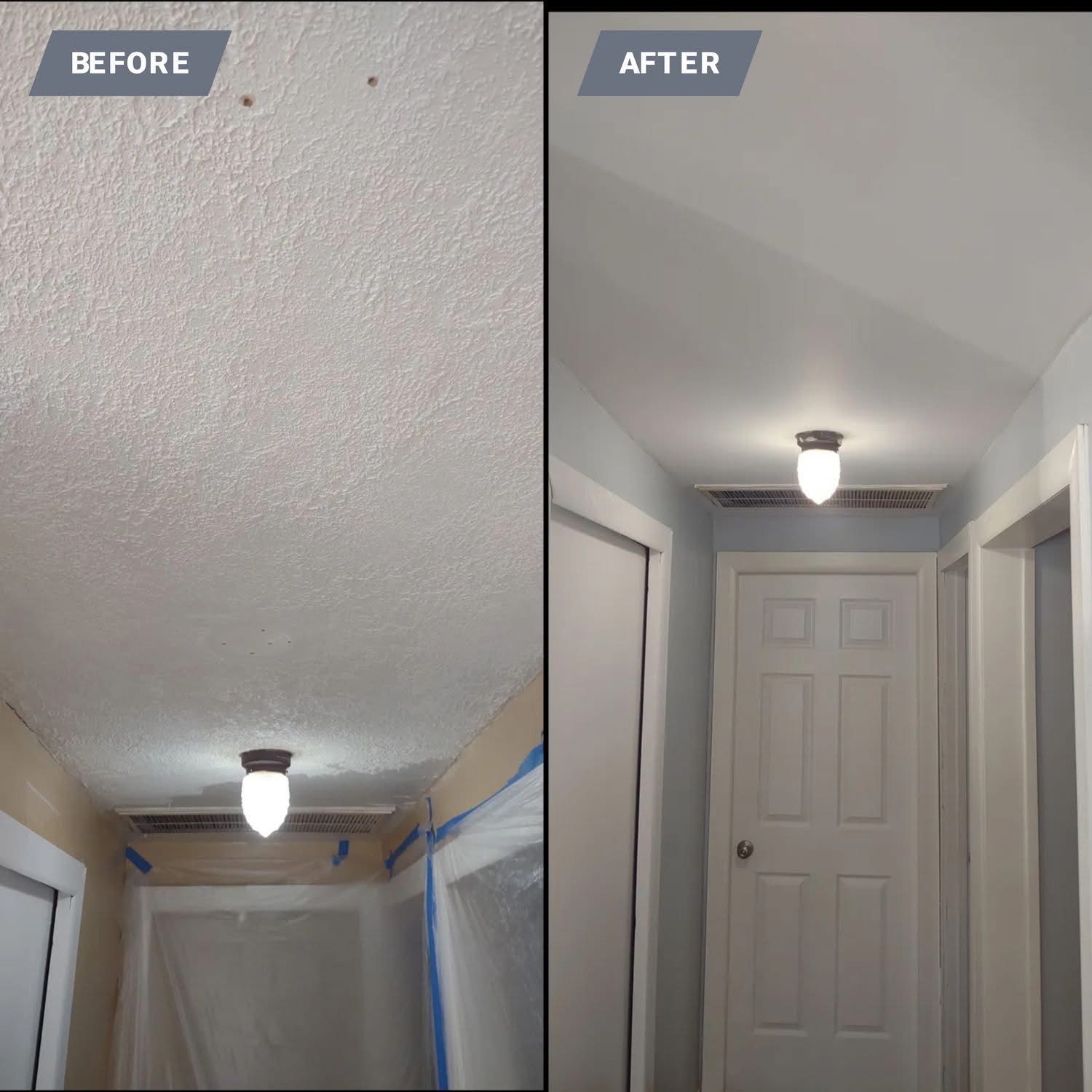 Hallway ceiling before and after; textured ceiling smoothed and repainted white.