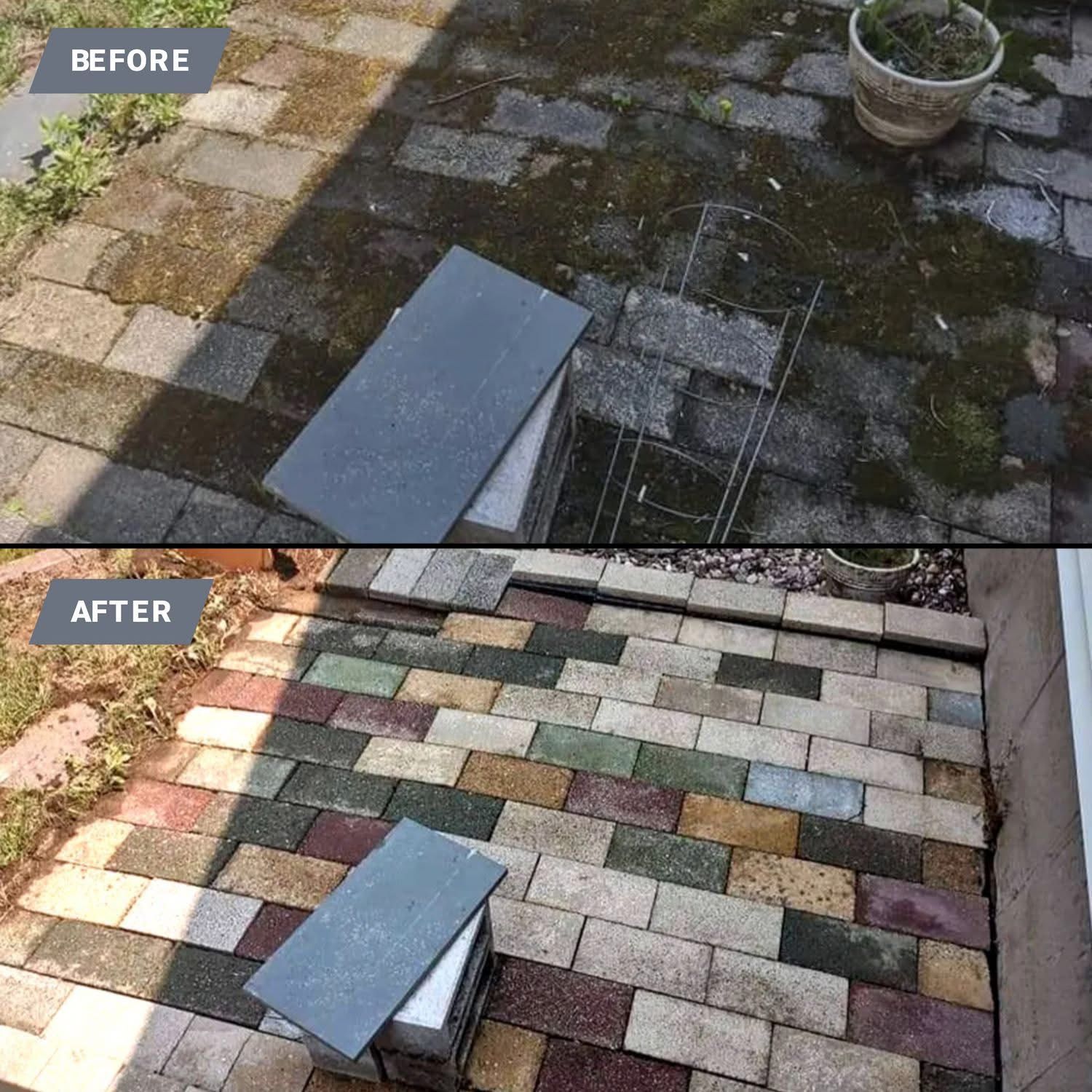 Before and after of a brick patio; first covered in moss and weeds, then cleaned to reveal colorful bricks.