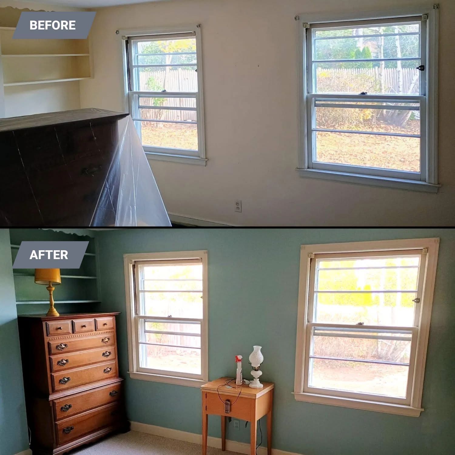 Side-by-side comparison of a room before and after renovation. The 