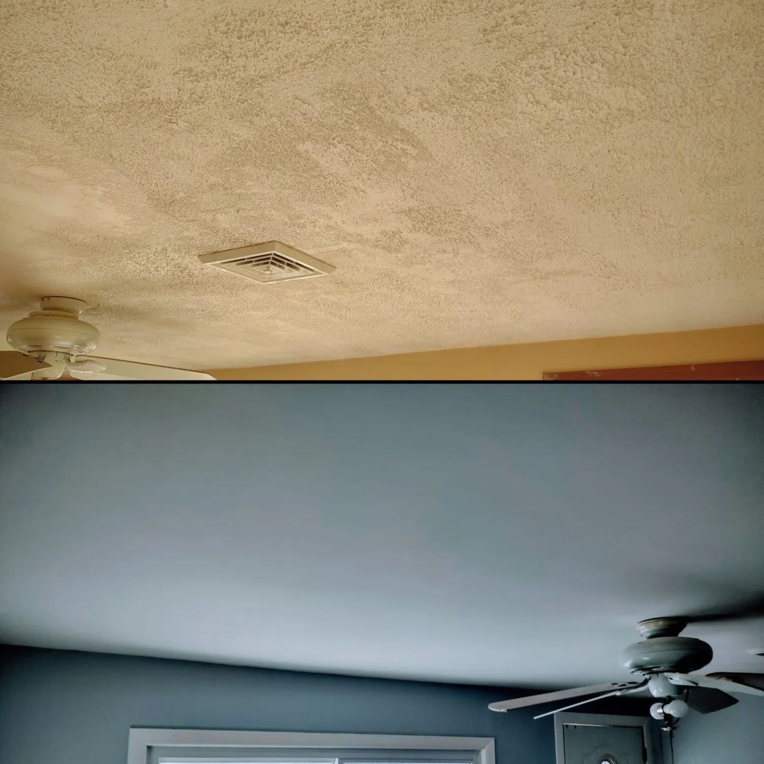 Two ceiling views: one beige, textured; the other blue, smooth. Both have ceiling fans and a vent.