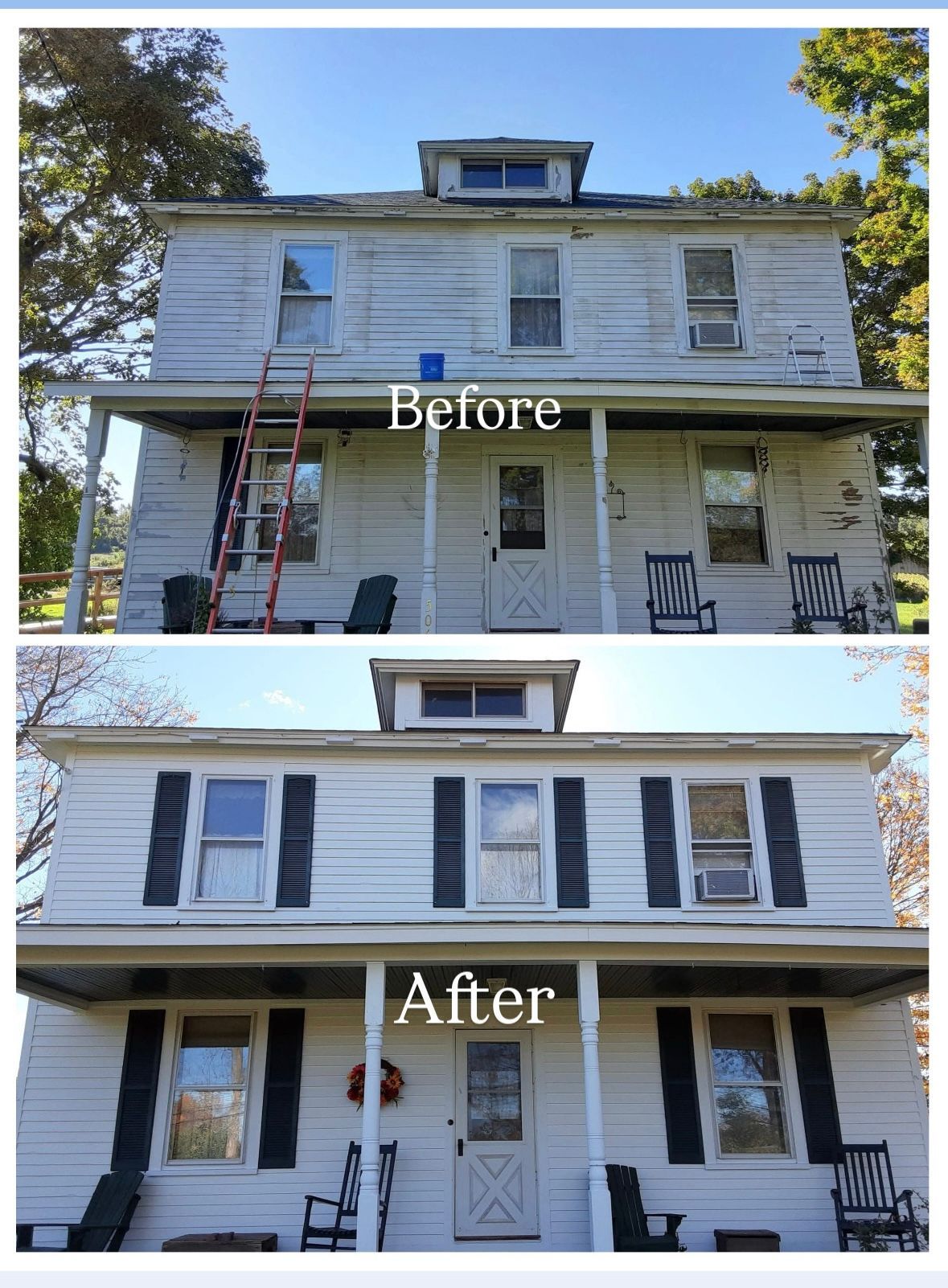 Comparison of a two-story house before and after painting. Shows peeling paint versus a fresh coat, new shutters, and a cleaner porch.