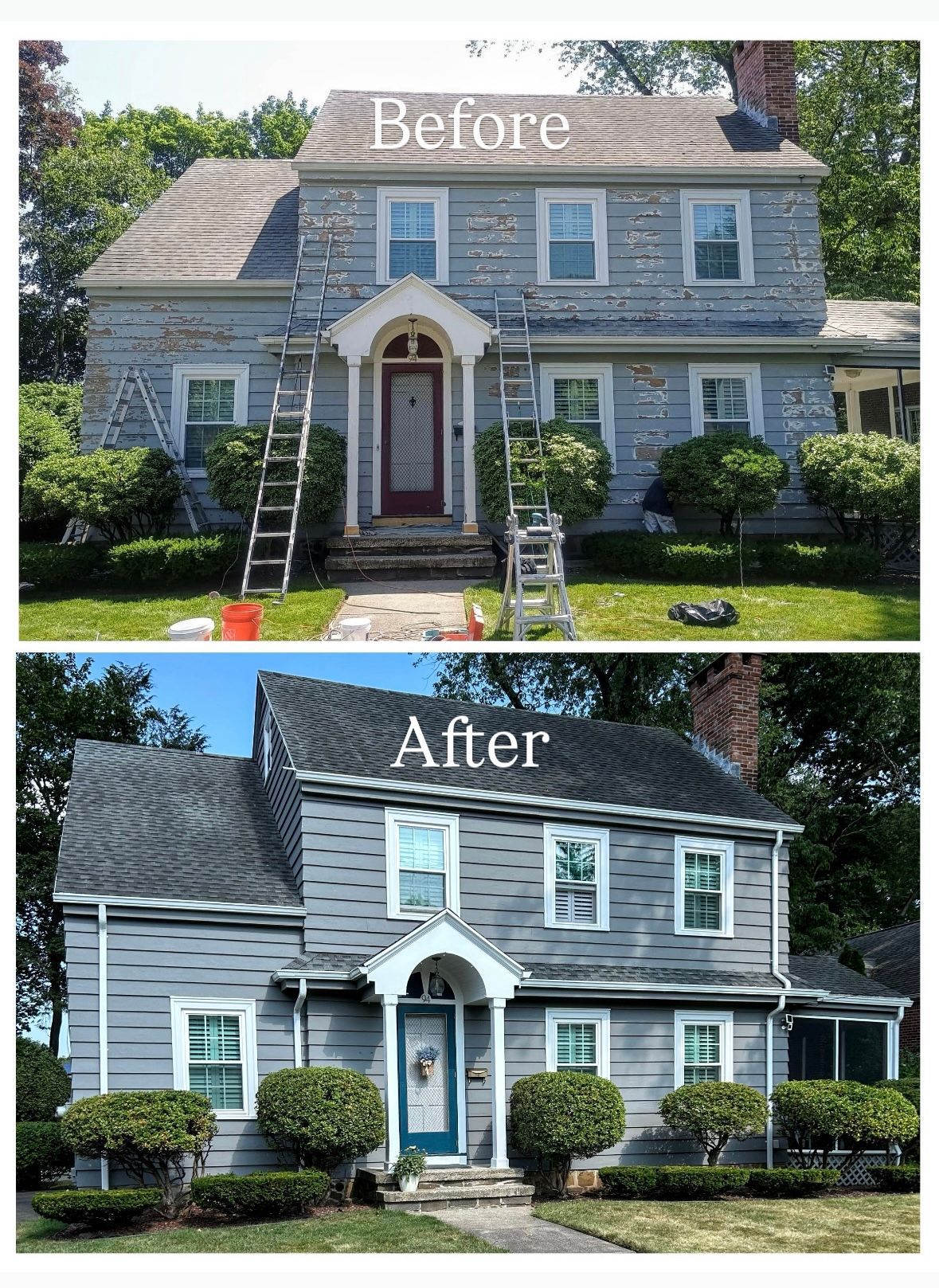 Before and after of a two-story house with gray siding, the 