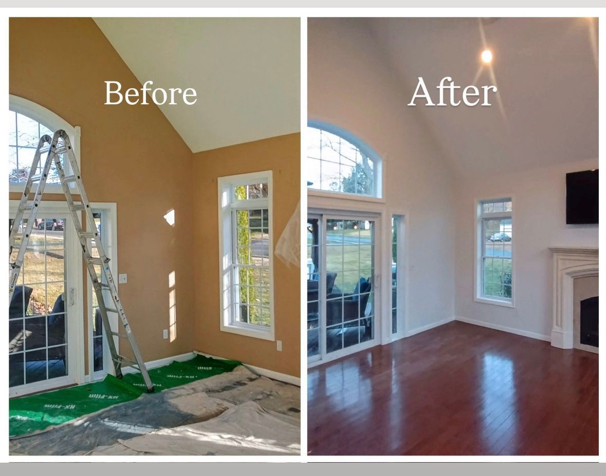 Room before and after painting. Brown walls, floor covered, then white walls, wood floor.