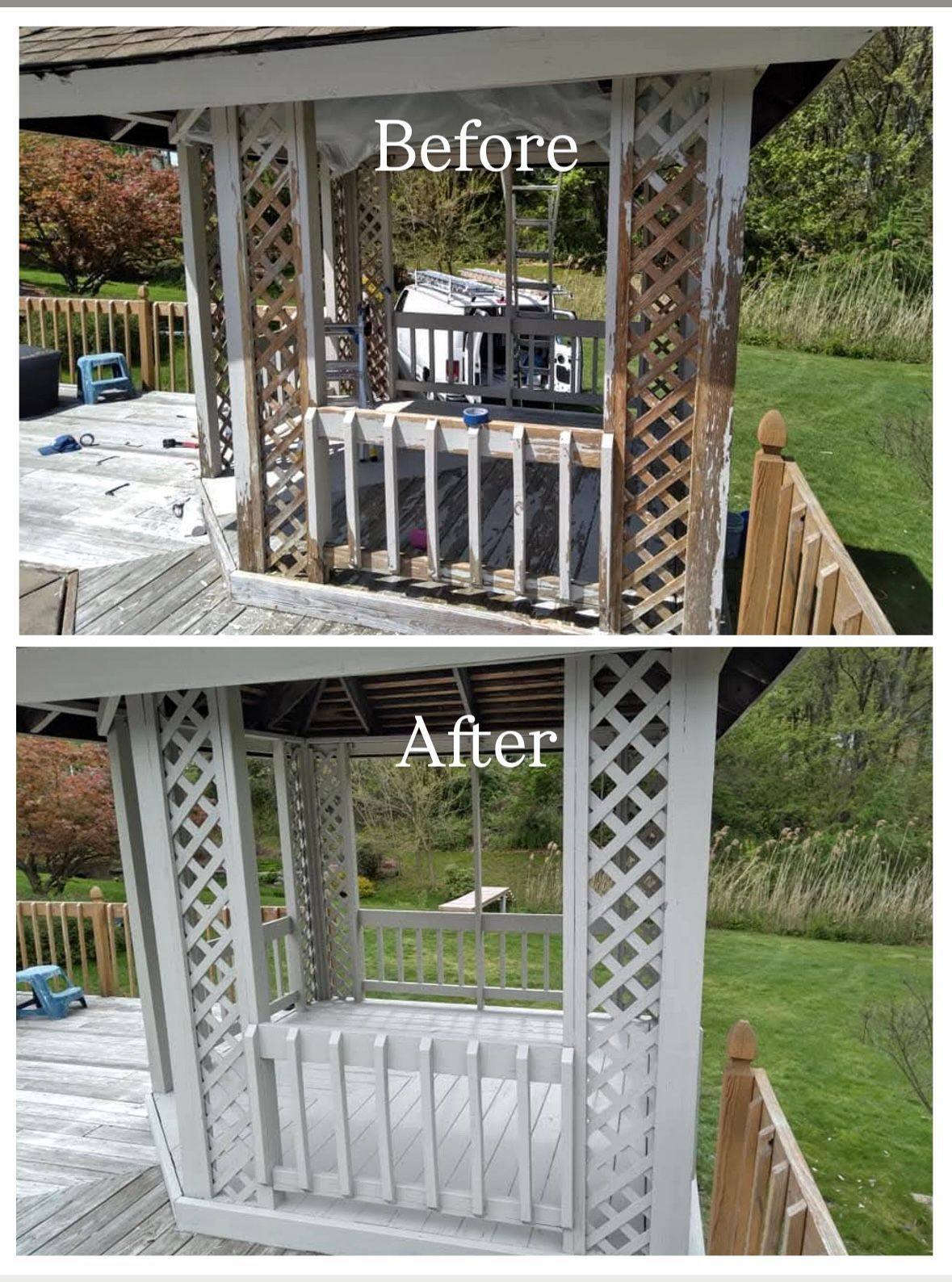 Gazebo before and after painting. Wooden structure with lattice detailing; stained before, white after.