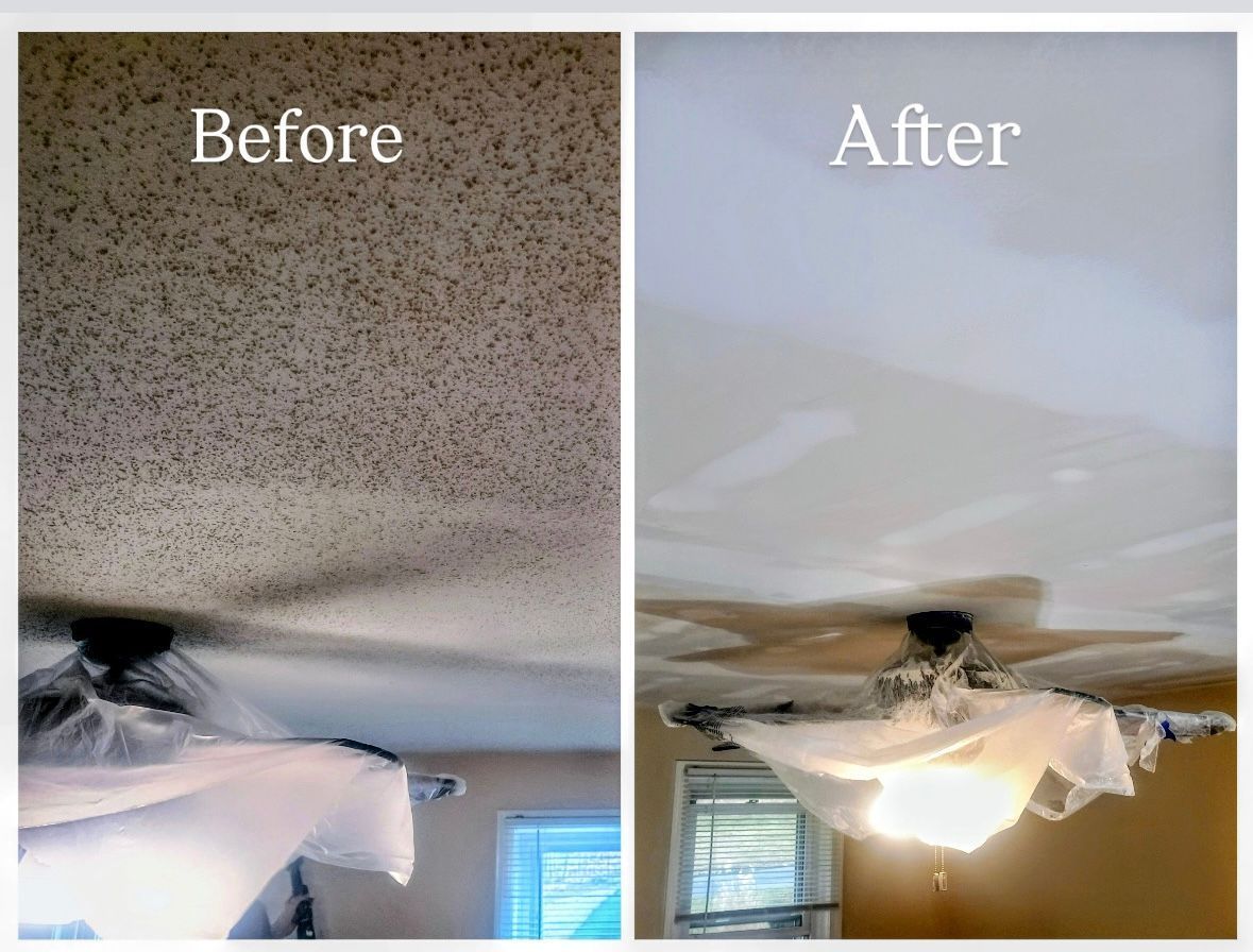 Before and after ceiling comparison: popcorn ceiling replaced with a smooth, white surface.