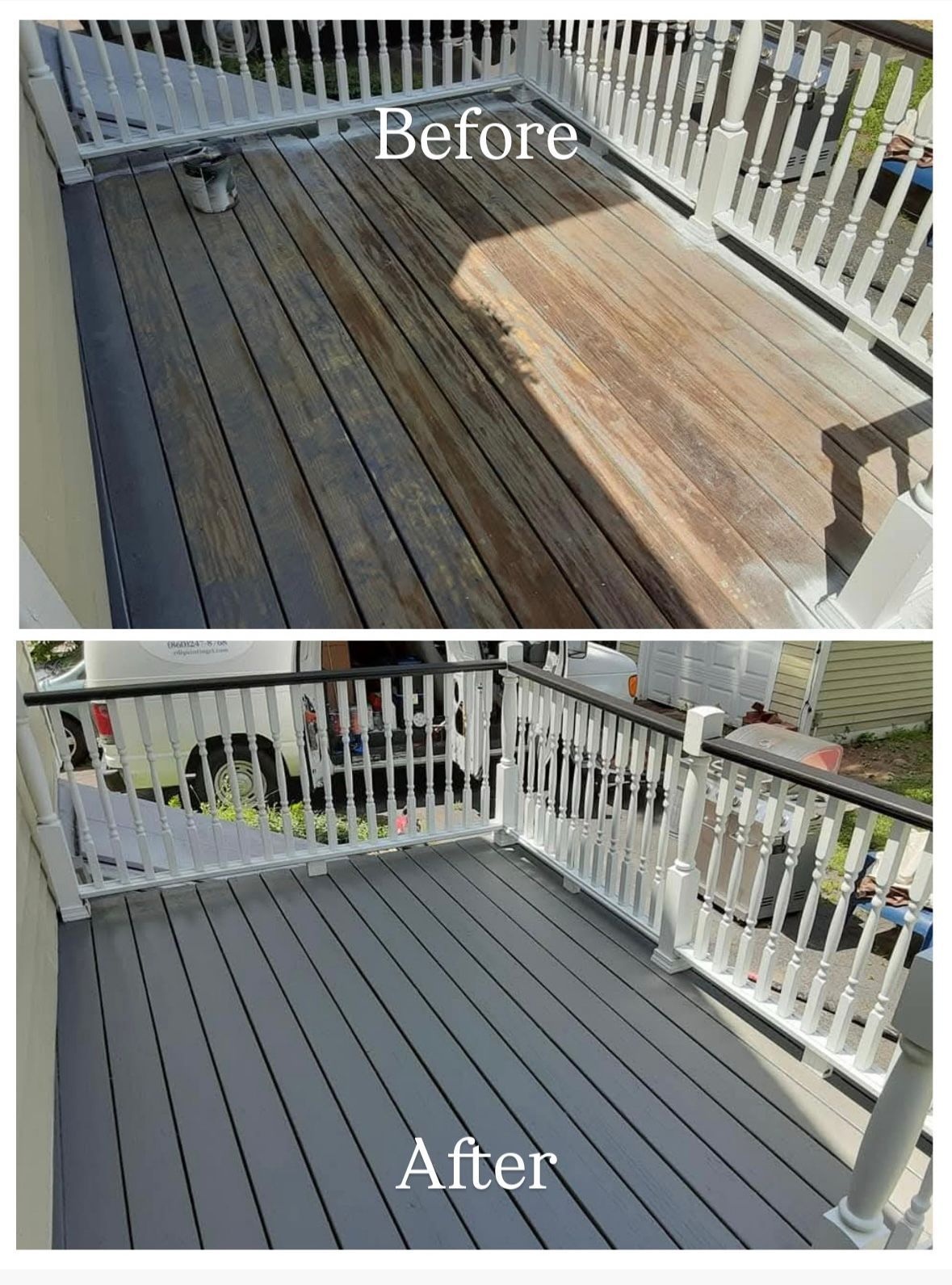 Before and after photos of a deck, showing weathered wood and then painted gray. White railing surrounds it.