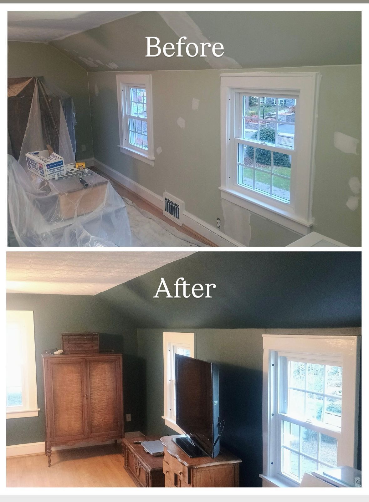 Before-and-after photos of a room remodel. The before has light green walls. The after is dark green walls with furniture.