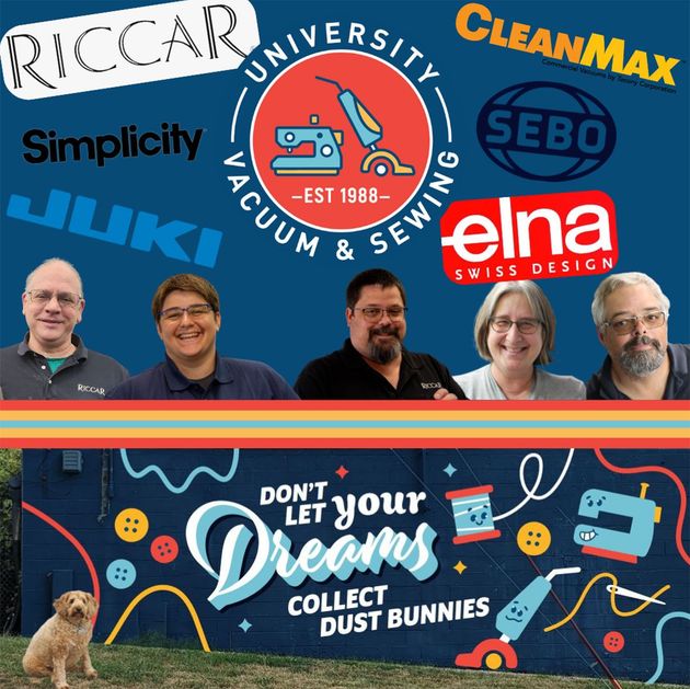 Logo for Vacuum & Sewing University, with people, sewing machine/vacuum brands, and 