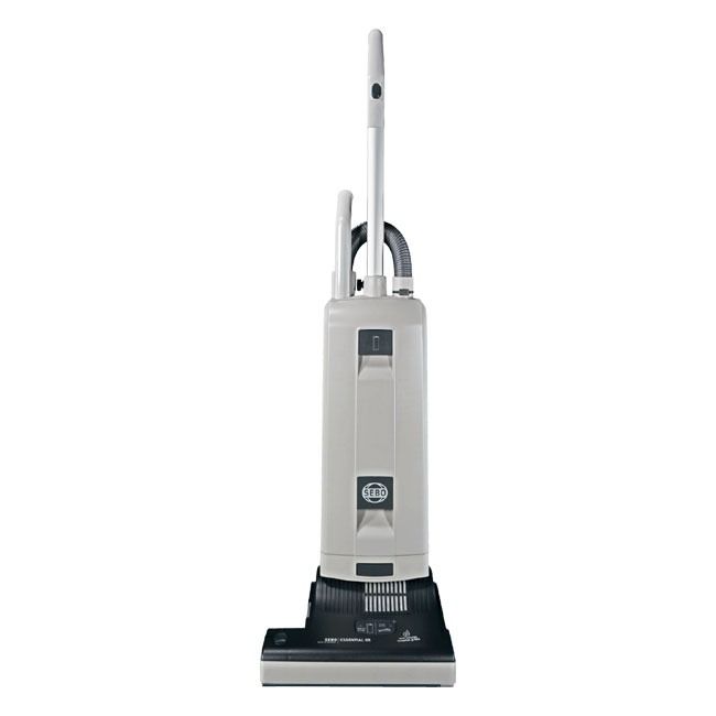 Upright beige vacuum cleaner on a white background.
