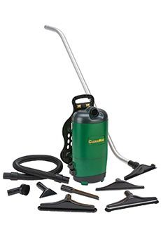 Green and black backpack vacuum with various attachments.