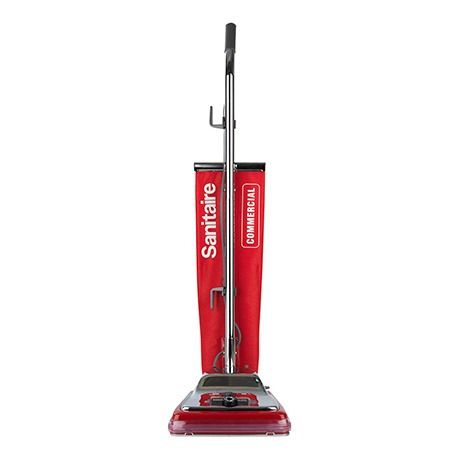 A red Sanitaire Commercial upright vacuum cleaner.