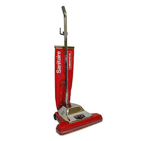 Red and chrome Sanitaire commercial upright vacuum cleaner.