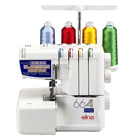 Elna 664 serger sewing machine with four spools of thread.