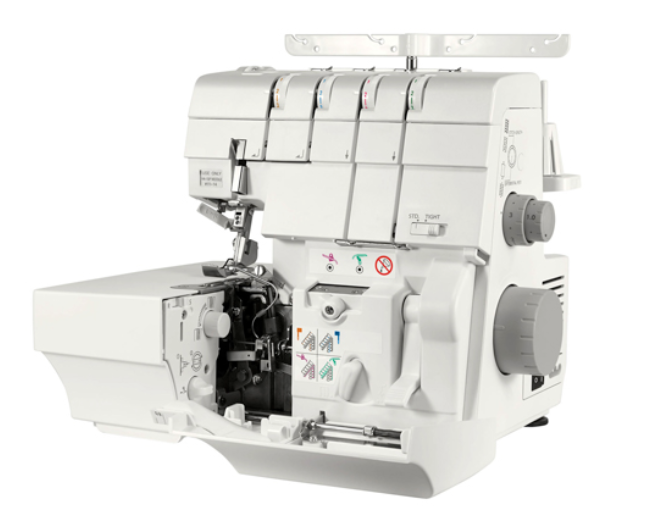 White serger machine with open side panel, showing internal components.